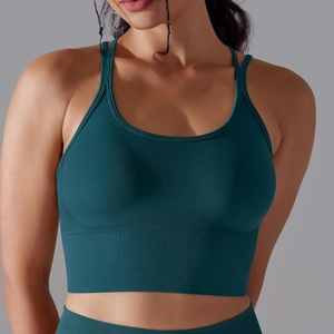 Détail du soutien-gorge de sport sans couture bleu sarcelle avec ourlet large côtelé