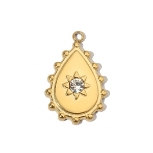 Detailed view of a gold teardrop pendant featuring a starburst crystal and beaded edge