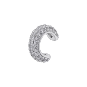 Macro shot of silver-colored ear cuff with rows of micro-pave white cubic zirconia