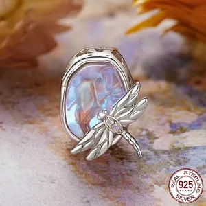 S925 sterling silver dragonfly charm with purple iridescent stone and zircons