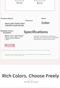 Detailed size specifications for 6mm and 8mm glass jelly imitation jade round beads