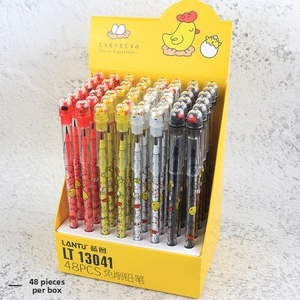 Detail of 48-piece non-sharpening pencil set in display box with cute chicken topper
