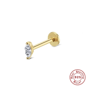 Macro view of gold-plated 925 sterling silver labret stud with marquise-cut zircon