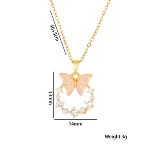 Colorful butterfly titanium steel necklace with pink pearls and cubic zirconia stones