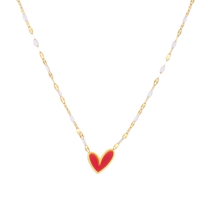 Minimalist gold plated stainless steel necklace with red heart pendant and white bead accents