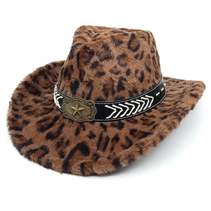 Leopard Print Cowboy Hat Faux Fur Western Style Wide Brim PU Leather Band Star Buckle Winter Warm Fashion