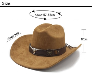 Spécifications de taille pour le chapeau de cowboy en suédine brune avec ornements bull