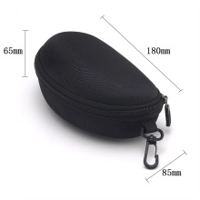 Detailed dimensions of a black semi-hard cycling glasses case with secure zipper and hook