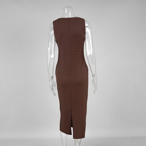 Detail view of the brown slim fit midi dress featuring a back zipper and a slit hem