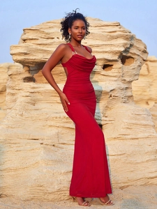Elegant red cowl neck party maxi dress with metal ring straps and ruched slimming fit