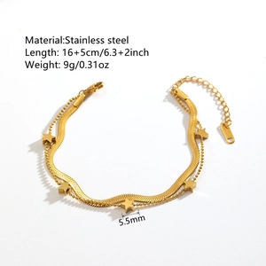 Double-layered 18K gold plated stainless steel star pendant snake chain bracelet