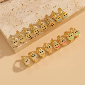 Fashion Copper Smiley Face Enamel Hoop Earrings For Women Gold Plated Chain Texture Colorful Dopamine Style Earrings Jewelry