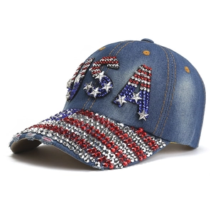 Denim baseball cap with USA rhinestone lettering and sparkling American flag bill