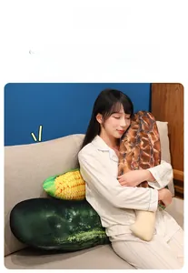 Close-up of plush vegetable pillows with realistic textures used by a model on a sofa