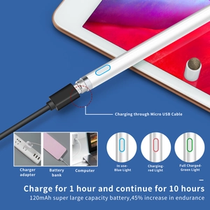 Stylus charging details showing Micro USB port, 10h battery life, and LED status indicators