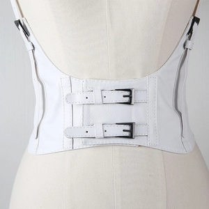 Rear view of white faux leather corset belt with adjustable buckle straps on mannequin