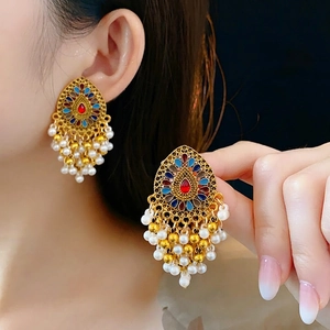 Boucles D'oreilles Pendantes Ethniques Vintage Alliage Émail Strass Avec Glands Künstliche Perles Style Cour Bohème Pour Femmes