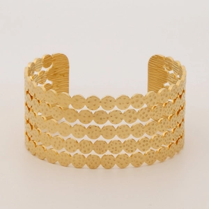 Detail of multi-layer gold hammered texture hollow bangle in 304 stainless steel