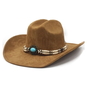 Vintage brown felt cowboy hat with turquoise ethnic beaded band for men and women