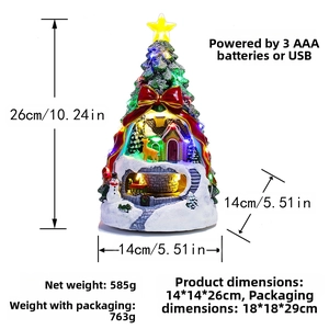 Detailed dimensions of a glowing Christmas tree music box with miniature train scene