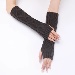 Detail view of dark brown knit arm sleeves with diamond pattern and cable knit texture