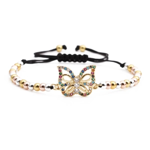 Zircon butterfly bracelet with tricolor gold-plated beads and adjustable cord