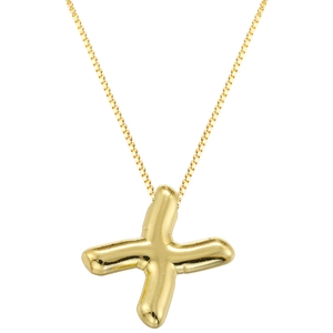 Detailed close-up of a polished gold letter X puffy balloon pendant on a box chain necklace