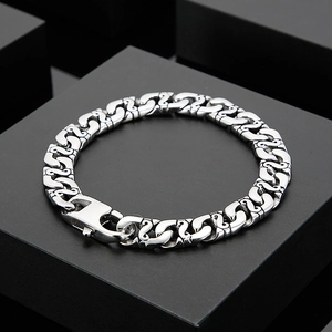 10mm vintage stainless steel S-link bracelet with large safety clasp on black stand