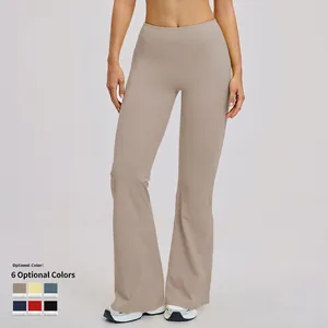 Women's high waist flared yoga pants in light khaki with quick-dry stretch fabric