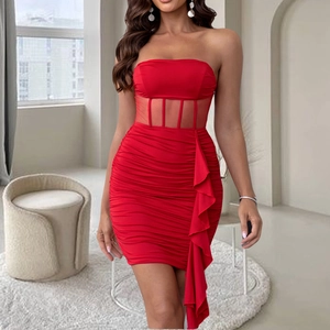 Strapless Mini Dress Red Polyester Mesh Patchwork Ruffled Asymmetrical Flounce Bodycon Sexy Party Clubwear Women