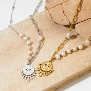 Bohemian Evil Eye Necklace Stainless Steel Natural Artificial Pearl Asymmetric Chain Sun Moon Pendant Zirconia Jewelry For Women