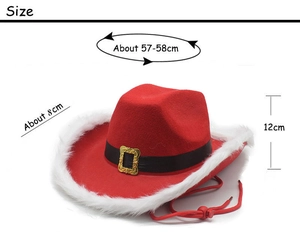 Detailed size specifications of the red Christmas cowboy hat with white faux fur trim