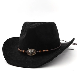 Classic black wool felt western cowboy hat with wooden beads and silver bull skull ornament