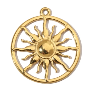 Detail shot of golden sun totem pendant with hollow circular design in stainless steel