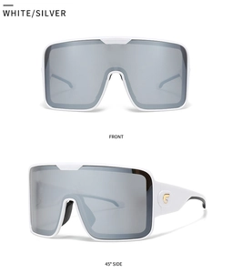 Oversized white wrap sunglasses with silver mirrored lenses and gold star G temple detail