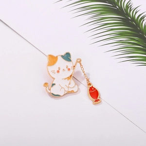 Cute cartoon cat fishing enamel pin with metal chain and red fish charm for sweaters