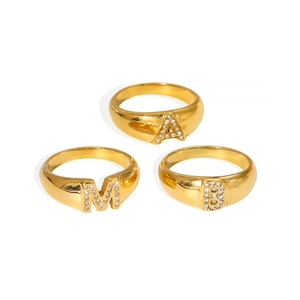 Gold plated stainless steel rings with sparkling zircon micro-pave letter A M B initials