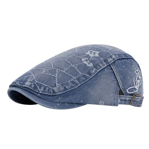 Vintage washed denim ivy cap for women with white diamond stitching and floral embroidery