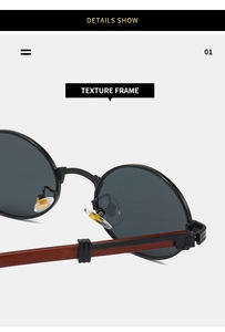 Detail shot of vintage sunglasses showing the faux wood grain texture on the black temple