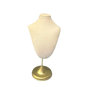 Beige velvet portrait neck mannequin for necklace display with a gold metal round base
