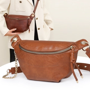 Vintage brown soft leather crossbody chest bag with gold chain strap for women
