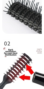 Detail of vented back design for even heat flow on black men's hair styling comb