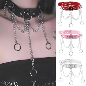 Detail view of punk PU leather collars with spikes and metal chains in four colors