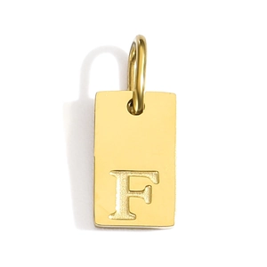Macro shot of 18k gold plated rectangular pendant featuring engraved capital letter F