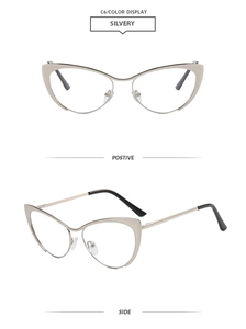 Vues de face et de côté de lunettes œil-de-chat argentées avec verres anti-lumière bleue