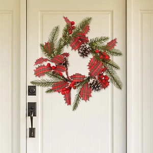 Christmas Wreath With Pine Cones Red Berries Red Green Plaid Leaves Artificial Pine Needles For Front Door Wall Hanging Decor