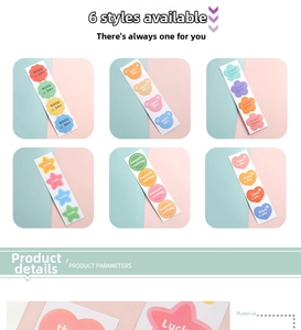 Detail view of 6 colorful waterproof stickers in heart, cloud, and flower shapes