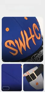 Detail of navy baseball cap featuring 3D orange embroidery and adjustable metal buckle strap