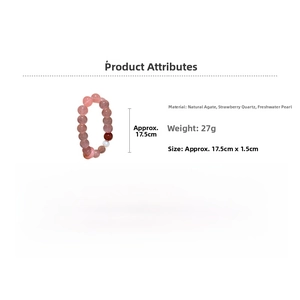 Detail view of pink agate, strawberry quartz, and freshwater pearl beaded bracelet specs