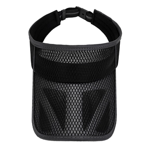 Unisex black mesh sun visor with long brim and adjustable plastic buckle closure